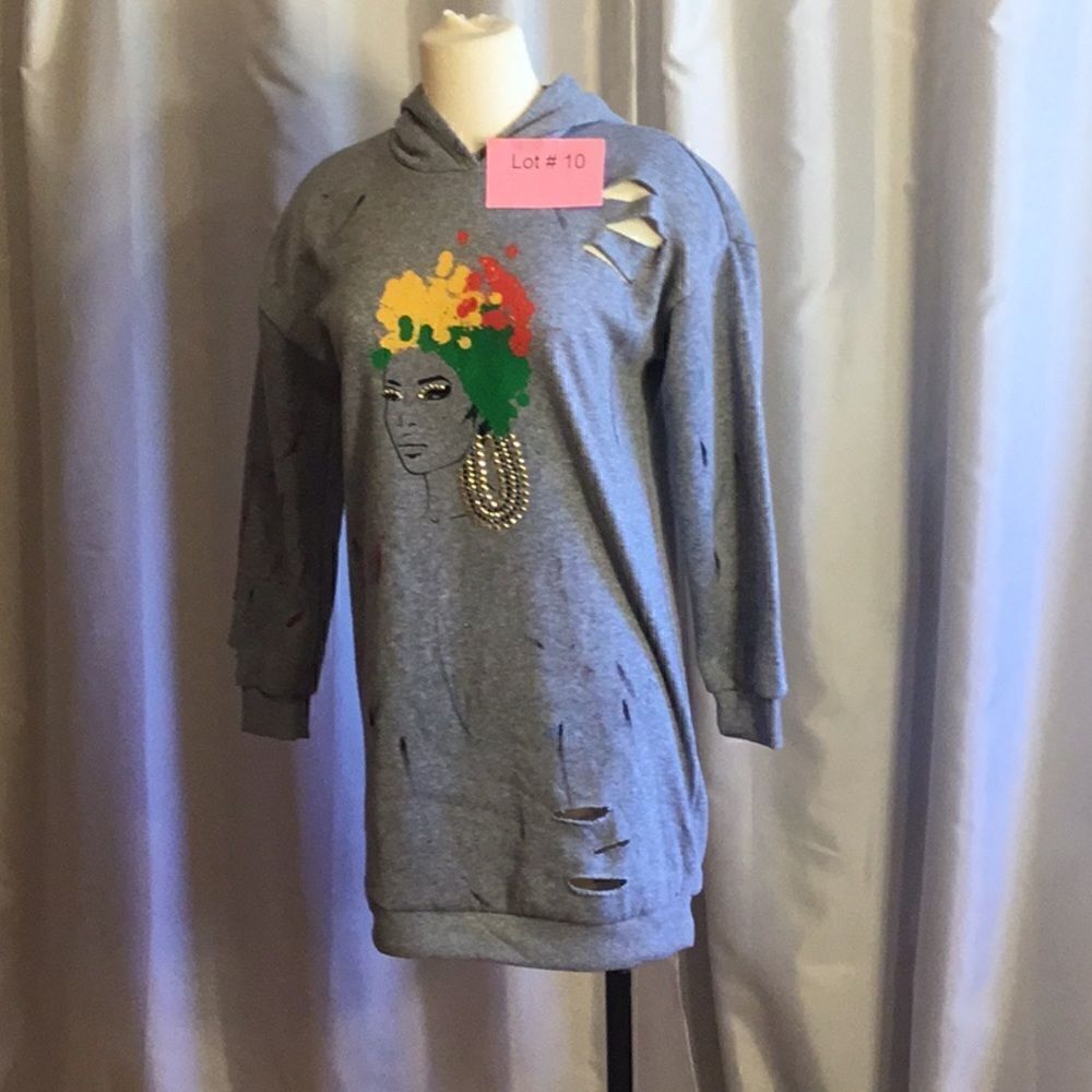 NWOT ripped, paint splattered themed sweatshirt dress with hood in size small